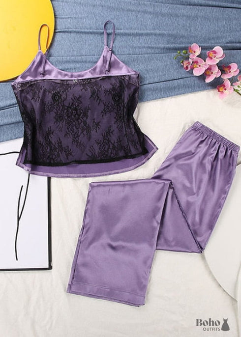 Boho Sleepwear, Pajamas Set, PJ Satin Black Lace, Blanche(12 Colors)